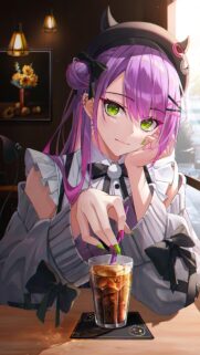 Cute Anime Girl with Purple Hair and Devil Horns Drinking Iced Tea Wallpaper