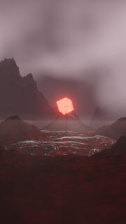 Surreal Glowing Cube Chained in Red Misty Landscape 4K Mobile Wallpaper