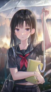 Anime Schoolgirl Standing in Rain with Umbrella Mobile Wallpaper