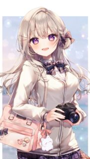 Cute Anime Girl with Camera and Pink School Bag Aesthetic Wallpaper