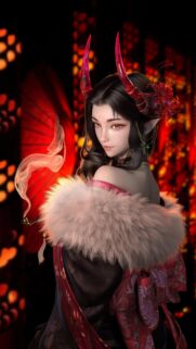 Stunning Fantasy Oni Girl with Glowing Horns and Traditional Japanese Kimono Wallpaper