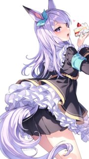 Cute Anime Girl with Purple Hair and Fox Ears Holding Strawberry Cake Wallpaper