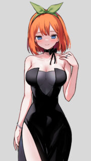 Stunning Anime Girl with Orange Hair and Black Dress Mobile Wallpaper