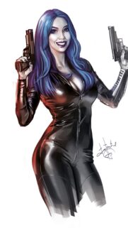 Stunning Blue-Haired Agent in Latex Bodysuit with Pistols Digital Art Wallpaper