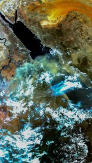 Stunning Satellite View of Earth from Space with Vibrant Atmospheric Clouds and Desert Landscapes Wallpaper