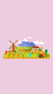 Minimalist Farm Landscape Illustration with Windmill and Mountain Backdrop Wallpaper