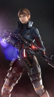 Stunning Tactical Female Warrior with Futuristic Rifle Mobile Wallpaper