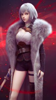 Stunning Anime Warrior Girl with Silver Hair and Fur Coat Wallpaper for Mobile