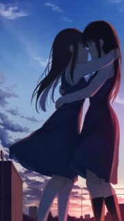 Anime Girls Romantic Sunset Embrace High Quality Mobile Wallpaper