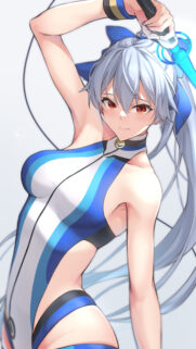 Stunning Anime Girl with Silver Hair and Blue Swimsuit High Quality Mobile Wallpaper