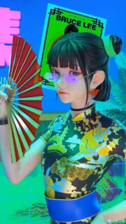 Cyberpunk Anime Girl with Traditional Chinese Fan Wallpaper for Mobile