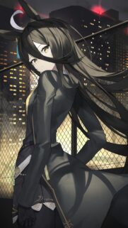 Anime Girl with Long Black Hair and Rabbit Ears in a Night City Wallpaper