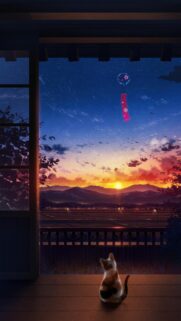 Calico Cat Watching Sunset from Traditional Japanese Porch Anime Wallpaper