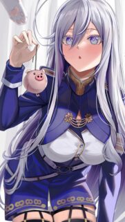 Anime Girl with Silver Hair and Blue Military Uniform Holding Cute Piggy Toy Mobile Wallpaper