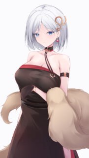 Stunning Anime Girl with Silver Hair in Elegant Black Dress Mobile Wallpaper