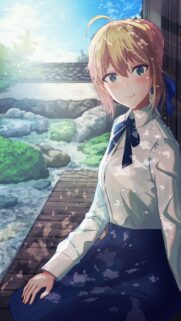 Beautiful Saber Art Wallpaper Featuring Fate Series Character in a Peaceful Garden Setting