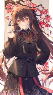 Stunning Hu Tao Anime Girl with Cherry Blossoms Aesthetic Wallpaper for Mobile