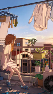 Anime Girl Relaxing on Balcony at Sunset Aesthetic Mobile Wallpaper