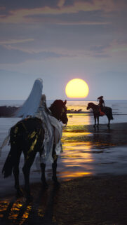 Ethereal Fantasy Warriors on Horseback at Golden Sunset Mobile Wallpaper