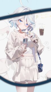 Cute Anime Girl with Boba Tea and Smartphone Aesthetic Wallpaper for Mobile