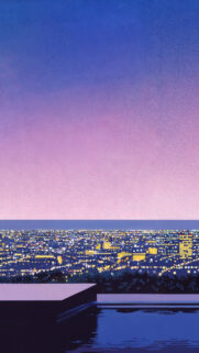 Aesthetic City Skyline at Sunset Overlooking a Pool Mobile Wallpaper