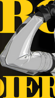 Futuristic Cyberpunk Armor Arm Detail Wallpaper with Bold Yellow Typography