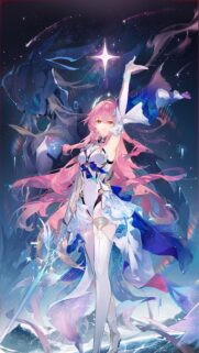 Stunning Anime Girl with Pink Hair and Cosmic Mecha Companion Mobile Wallpaper