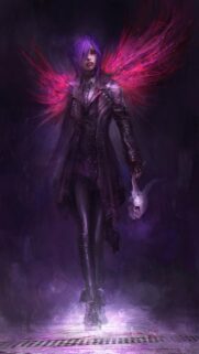 Dark Gothic Vampire Angel with Glowing Red Wings and Skull Wallpaper for Mobile