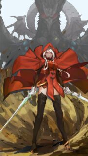 Anime Warrior Girl with Red Cloak and Dragon Background Wallpaper