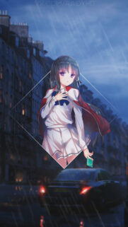 Sad Anime Girl in Rain City Street Mobile Wallpaper HD