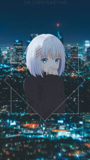 Anime Girl with White Hair in City Night Skyline Aesthetic Mobile Wallpaper