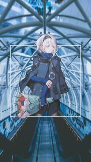 Anime Girl with Bouquet in Blue Futuristic Tunnel Wallpaper