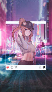 Anime Girl in Cyberpunk Cityscape Instagram Frame Wallpaper for Mobile