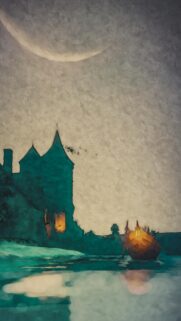 Mystical Medieval Castle and Boat Under Crescent Moon Watercolor Wallpaper
