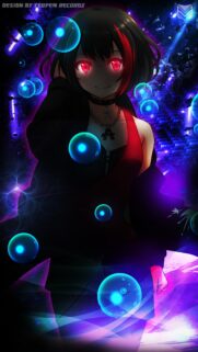 Anime Girl with Glowing Red Eyes and Neon Blue Bubbles Mobile Wallpaper