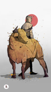 Stunning Tribal Warrior and Bull Artistic Illustration Mobile Wallpaper