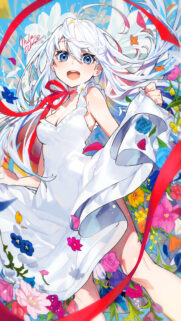 Anime Girl with White Hair and Colorful Flowers Aesthetic Wallpaper for Mobile