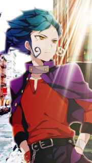 Anime Boy with Spiky Blue Hair and Purple Jacket Wallpaper for Mobile