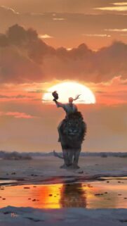 Majestic Warrior Riding a Lion at Sunset Digital Art Wallpaper