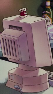 Retro Aesthetic Vintage Computer Anime Wallpaper with Cute Bunny Figure