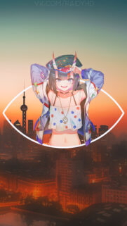 Anime Girl with Horns and Urban City Sunset Wallpaper for Mobile