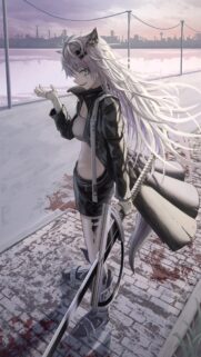 Anime Girl with White Hair and Sword Urban Aesthetic Mobile Wallpaper