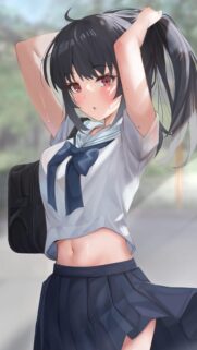 Beautiful Anime Schoolgirl Tying Her Hair High Quality Mobile Wallpaper