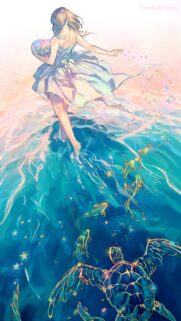 Dreamy Anime Girl Walking on Ocean Water with Glowing Sea Turtle Wallpaper