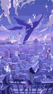 Surreal Anime Girl Watching Flying Whale Over Cityscape Wallpaper