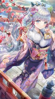 Beautiful Anime Girl in Traditional Purple Kimono Wallpaper for Mobile