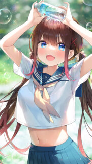 Cute Anime Girl with Water Bottle Summer Vibes Phone Wallpaper