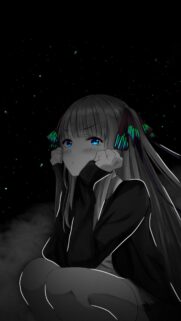 Sad Anime Girl With Glowing Blue Eyes and Neon Hair Accessories Wallpaper