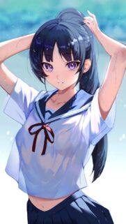 Anime Girl in Wet Sailor Uniform at the Beach High Quality Mobile Wallpaper