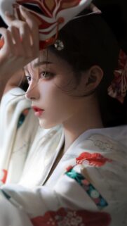 Stunning Anime Girl with Traditional Japanese Fox Mask Portrait Wallpaper